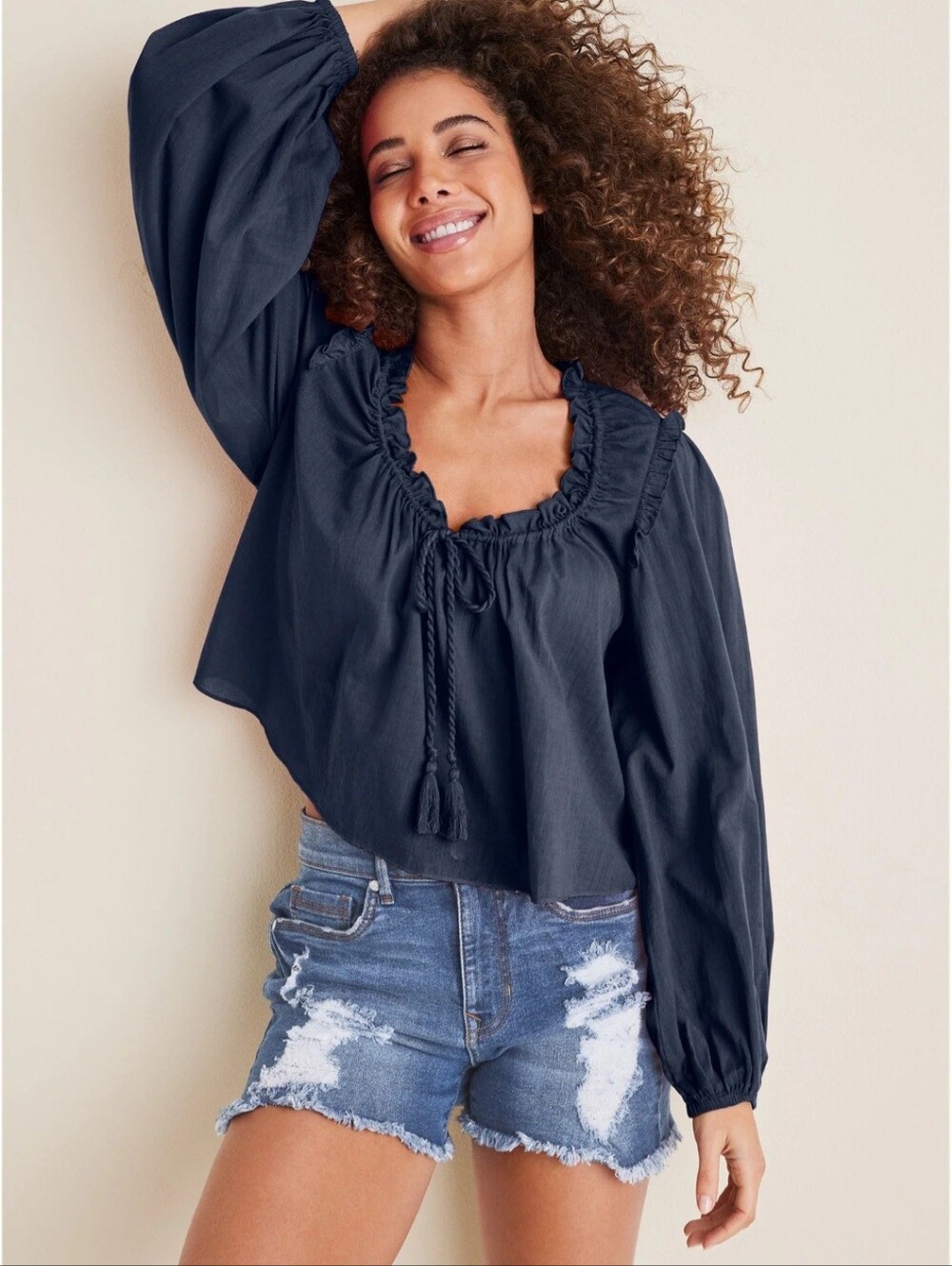 NWT VENUS Tassel Long Sleeve Top-Navy